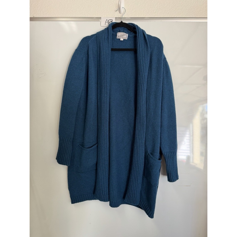 VTG Kerry Woolen Mills Ireland Pure New Wool Open Cardigan Blue Sz L/XL - Picture 2 of 10